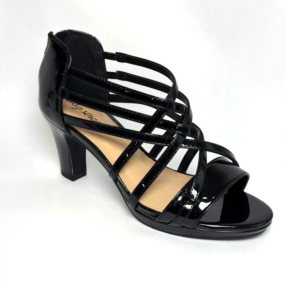 Easy Street Bee Black Patent Strappy Block Heel Sandals Women’s 8.5WW Wide